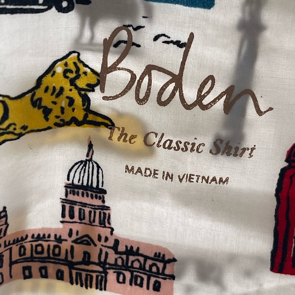 Boden button-down shirt with watercolor and ink scenes from London.